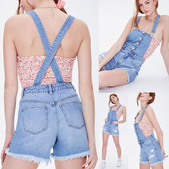 NEW High Waist Distressed Denim Overalls Shorts - Picture 2 of 10